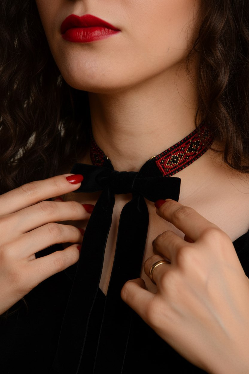 چوکر دست‌ساز نگارین بافت منجوق میوکی و روبان مخمل مشکی